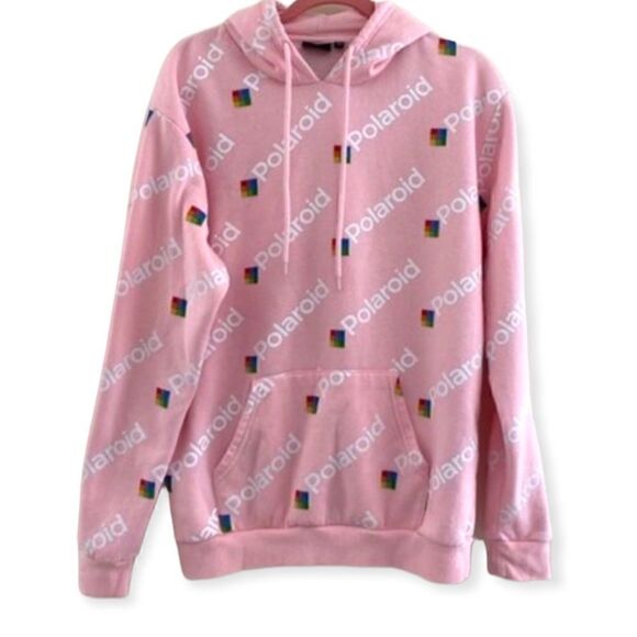 POLAROID ALLOVER LOGO PRINT HOODED SWEATSHIRT HOODIE PINK LARGE - Picture 3 of 8